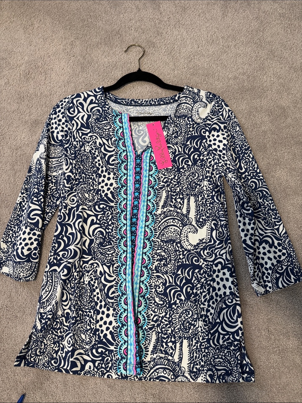 Lilly Navy & White Printed Tunic with Turquoise Trim